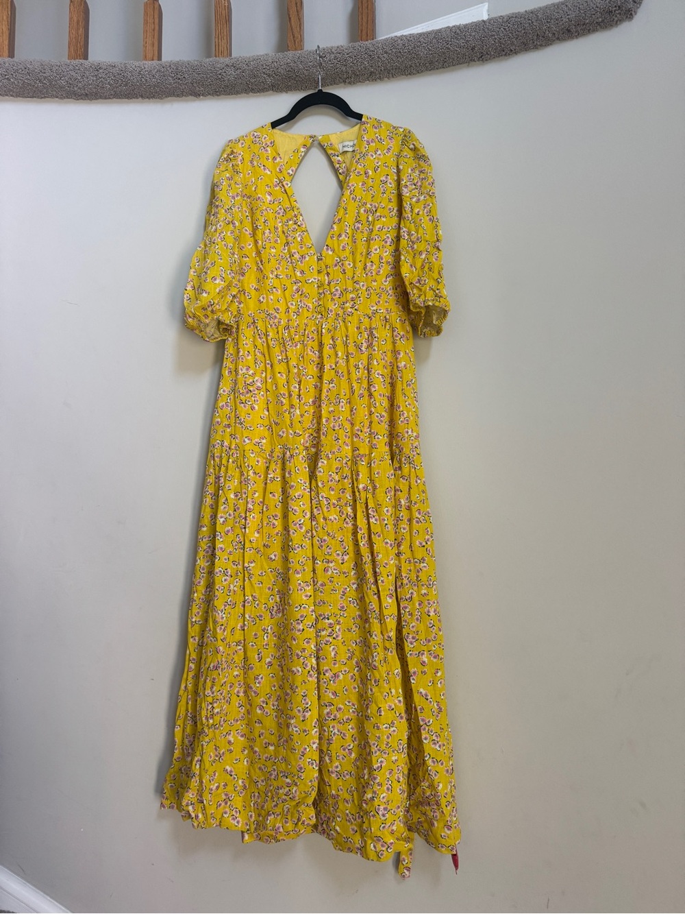 NICHOLAS Bright Yellow Floral Tiered Maxi Dress with Puff Sleeves